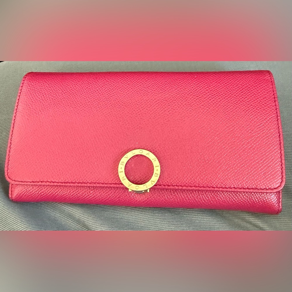 Bvlgari Hot Pink Leather Wallet with Gold Emblem